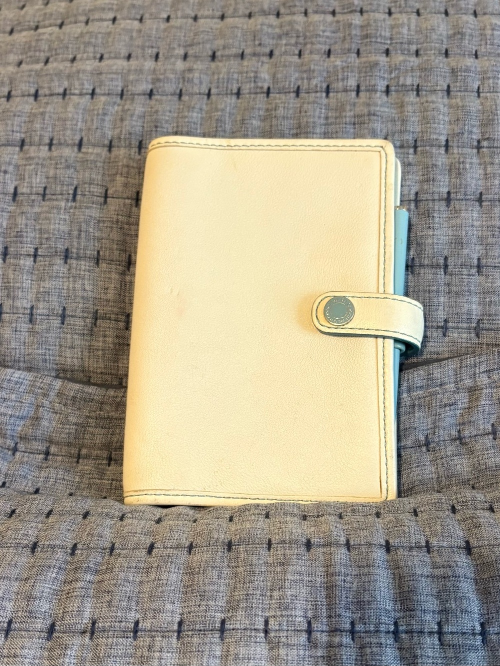 Coach Cream Leather Snap-Tab Passport Holder with Pale Blue Accent
